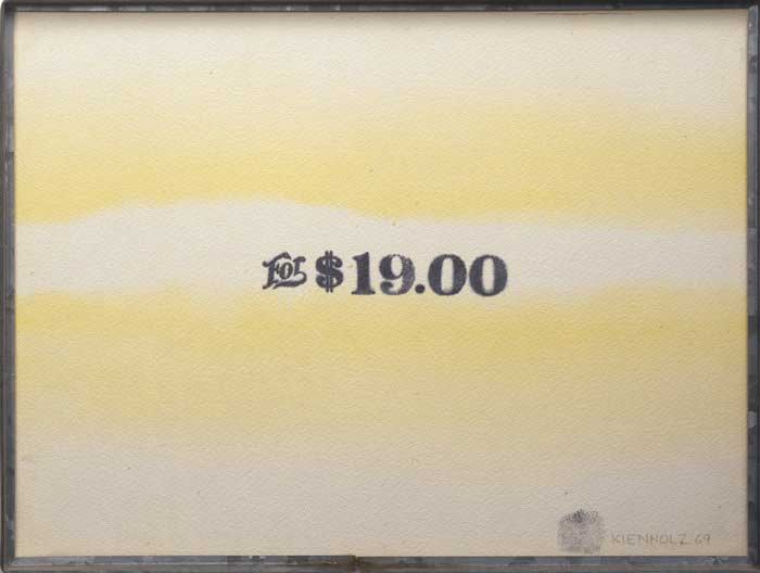 Edward Kienholz, For $19.00, 1969, drawing; watercolor and rubber stamps on paper in metal frame, 35.56 cm x 30.48 cm Edward Kienholz, For $19.00, 1969, drawing; watercolor and rubber stamps on paper in metal frame, 35.56 cm x 30.48 cm